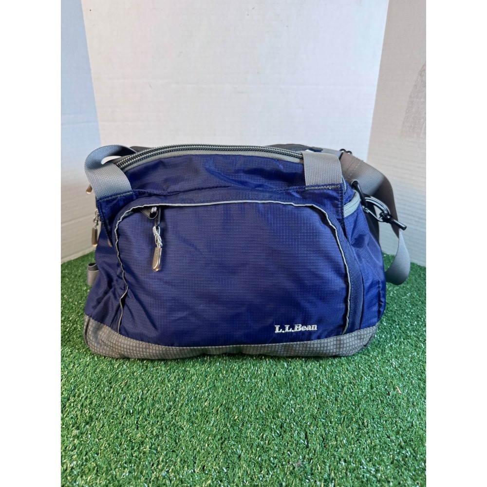 LL Bean Navy Blue Ripstop Nylon Small Duffel Bag Shoulder Strap Insulated Top